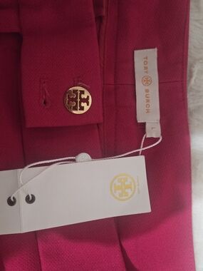 Tory Burch Hot Pink Cropped Pants with Gold Logo Button